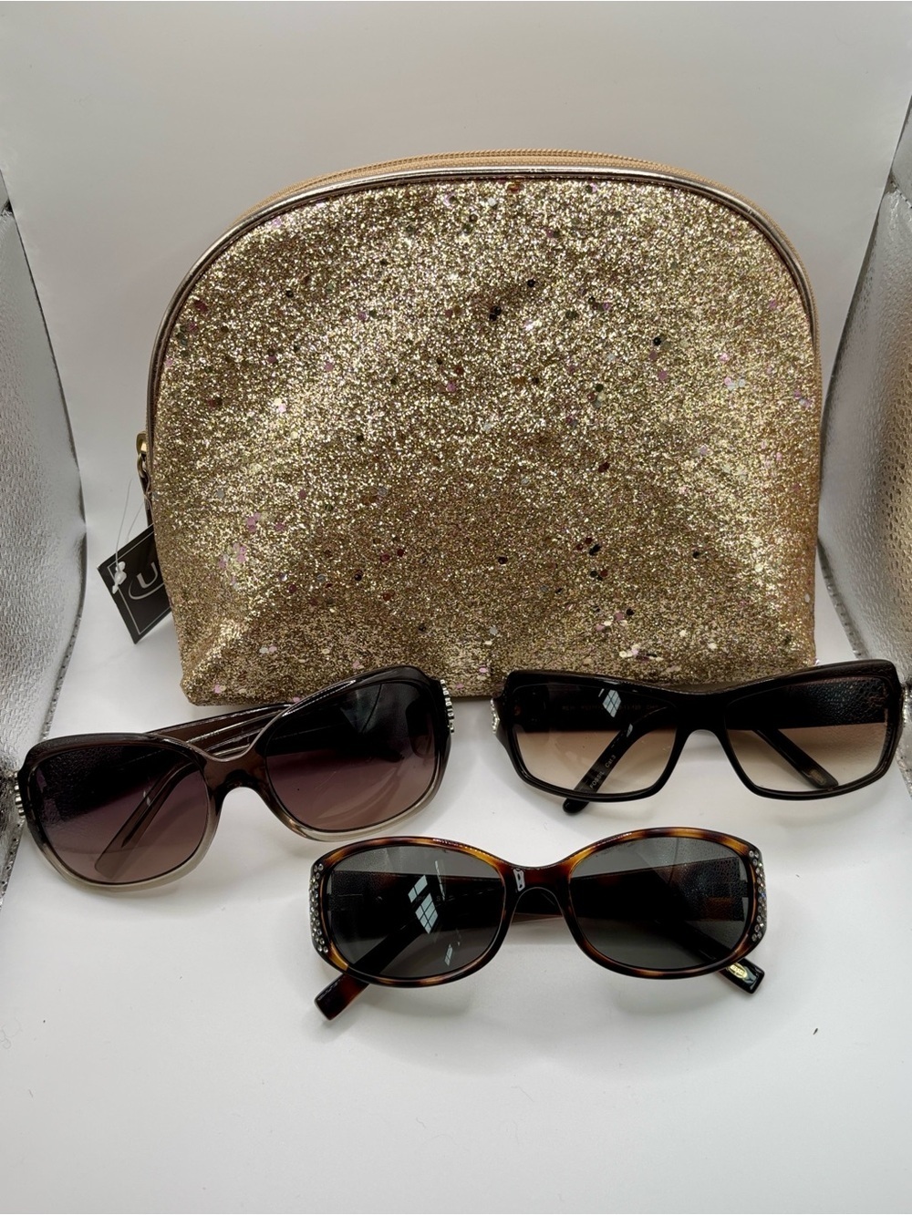 Lot of 3 Pairs of Fossil Sunglasses Vintage Y2K Embellished Tortoise & Gold Bag